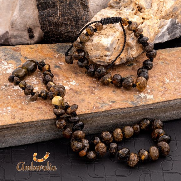 Baby Baltic Amber teething necklace and adjustable bracelet set-  Dark Green - - Picture 3 of 16